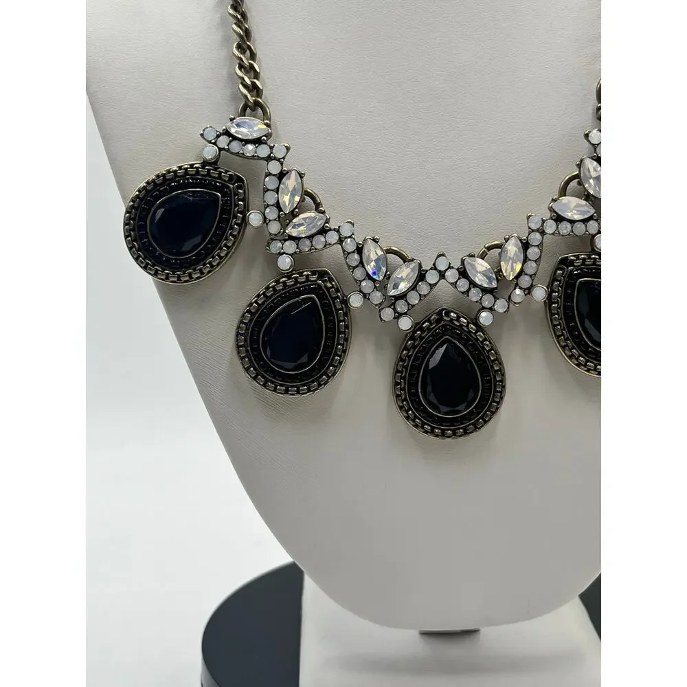 J. Crew Black‎ Rhinestone Teardrop Bead Gold Tone Chain Opalescent Necklace
